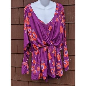 Free people purple pink floral Tuscan bell sleeve v neck tunic large